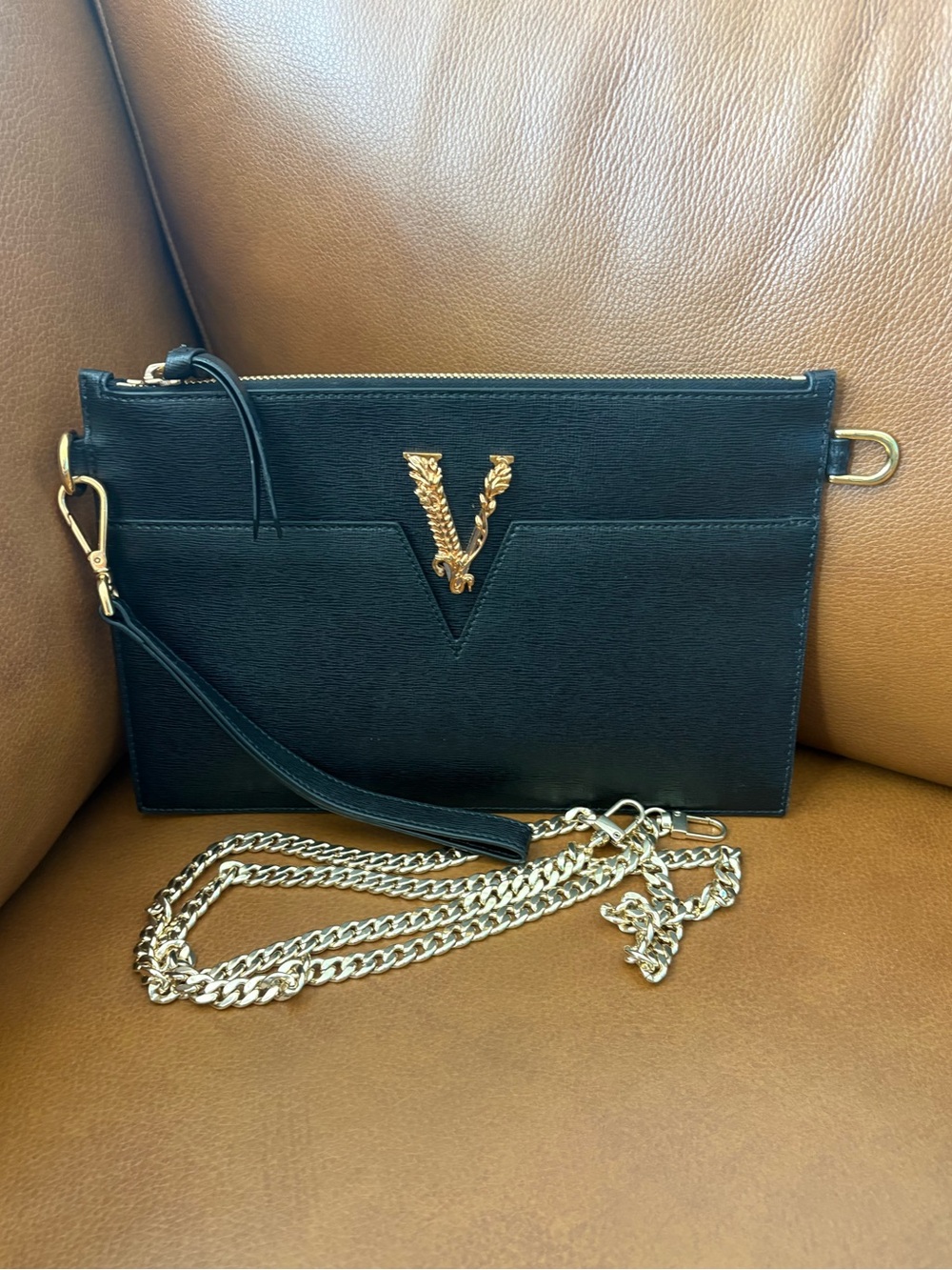 Versace Virtus saffiano calf leather wristlet pouch-converted to a crossbody bag